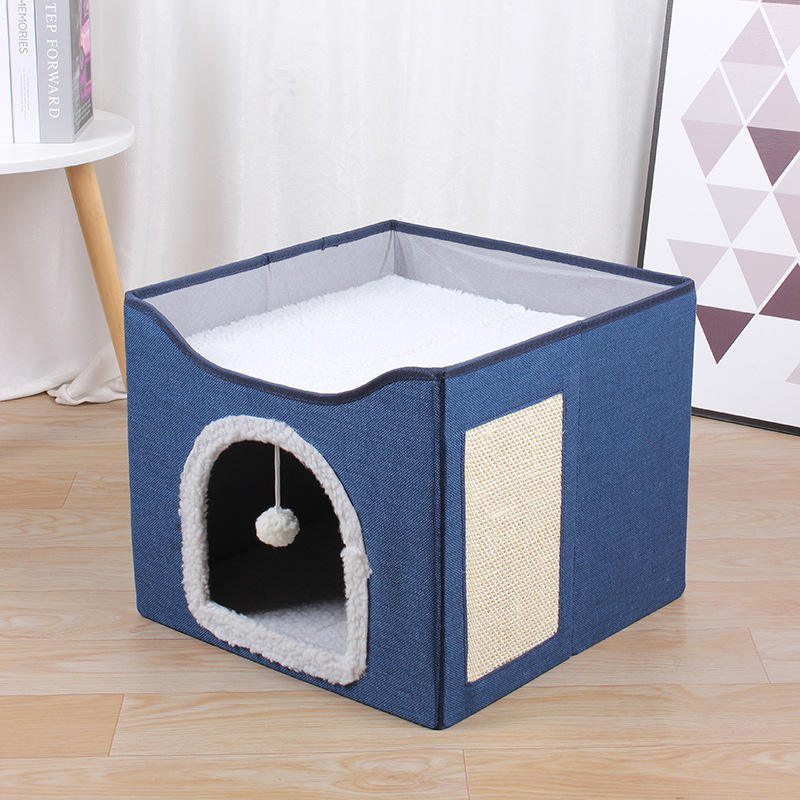 2 In 1 Cat Scratching Toys Foldable Cat House Warm Cat Bed