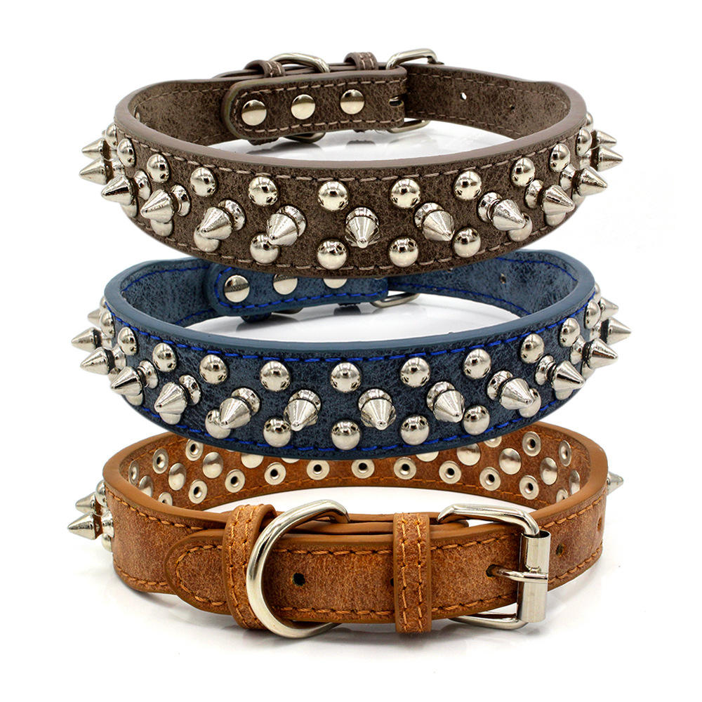 Wholesale Custom Leather Spiked Dog Collar With Rivet Durable Pet Collar For Large Dogs