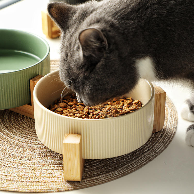 Manufacturer Wholesale Ceramic Cat Dog Bowls With Diagonal Grain Bamboo Shelf Pet Bowl