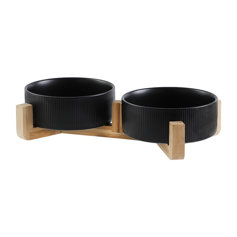 Manufacturer Wholesale Ceramic Cat Dog Bowls With Diagonal Grain Bamboo Shelf Pet Bowl