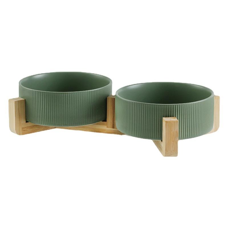 Manufacturer Wholesale Ceramic Cat Dog Bowls With Diagonal Grain Bamboo Shelf Pet Bowl