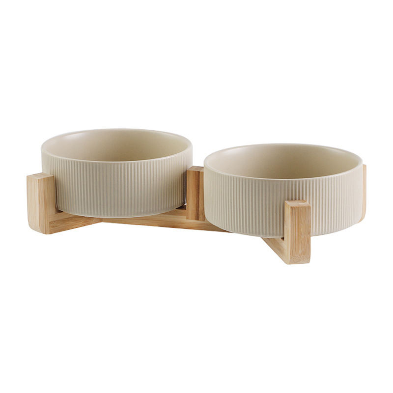 Manufacturer Wholesale Ceramic Cat Dog Bowls With Diagonal Grain Bamboo Shelf Pet Bowl