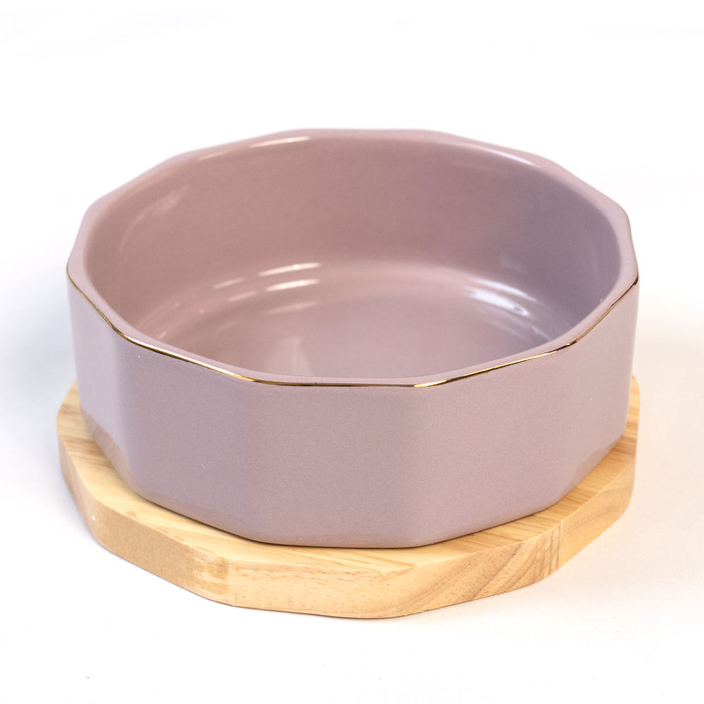 Luxurious Ceramic Pet Bowl For Dogs And Cats With Non-slip Wooden Mat