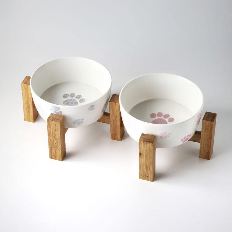 Manufacturer New Design Ceramic Pet Bowls Bamboo Stand Double Pet Bowls For Dogs And Cats