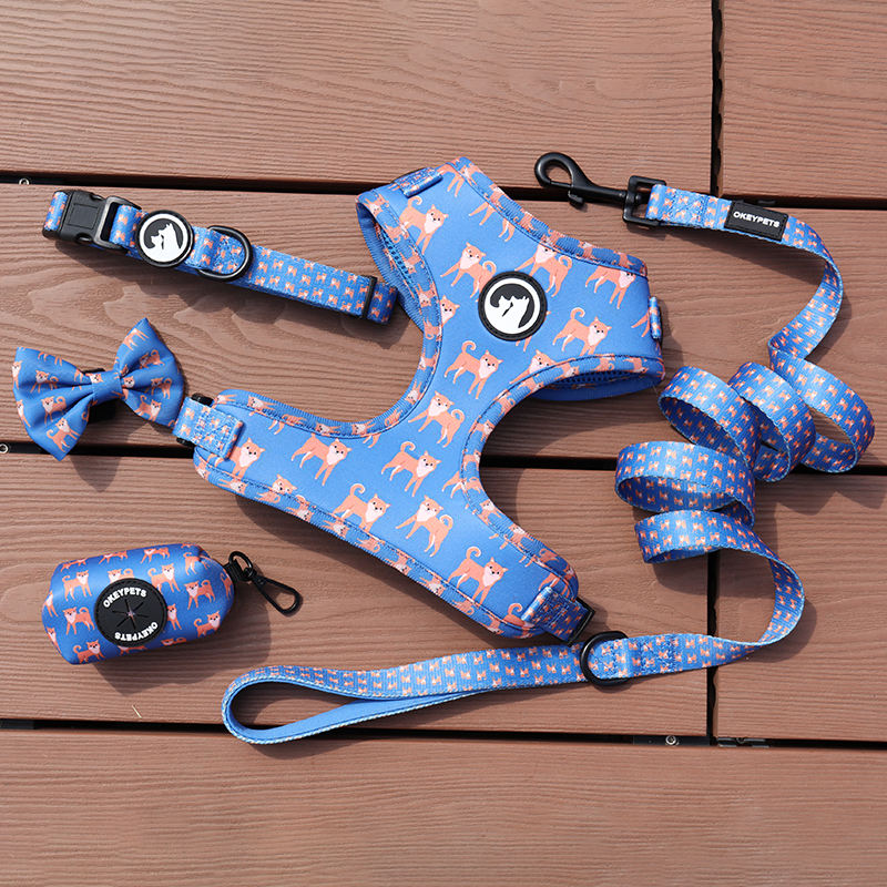 All-weather Dog Harness Neoprene Heavy-duty Metal D-ring Stylish Luxury Prints Puppy Dog Harness Set