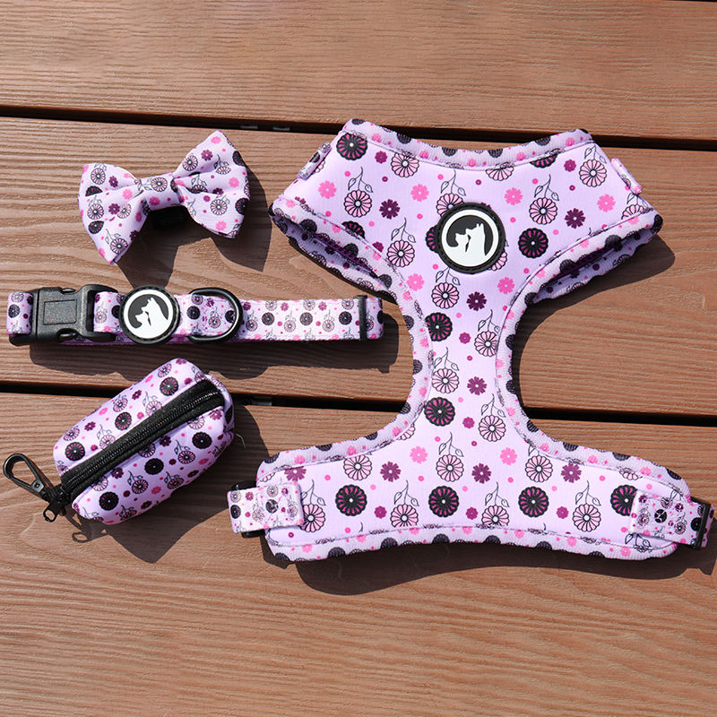 Custom Design Luxury Pattern Wedding Dog Harness Mesh Camouflage Collar Leash Poop Bag Holder Set