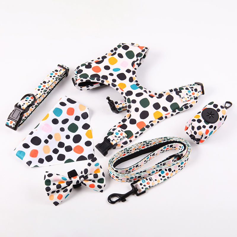 Customizable Adjustable Pet Accessories Padded Long Leash Neoprene Dog Har Neck Collar Pet Harness With Dot Pattern