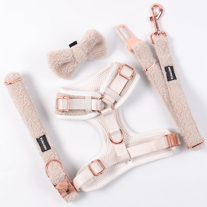 Custom Sherpa No Pull Dog Harness Adjustable Cats Chest Vest Collar Leash Poop Bag Holder Bow Tie Harness Set