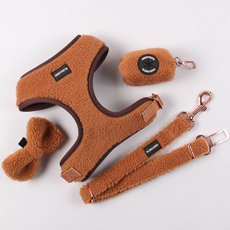 New Style Brown Dog Accessories Collar Bow Tie Poop Bag Holder Luxury Adjustable Chest Dog Harness With Leash