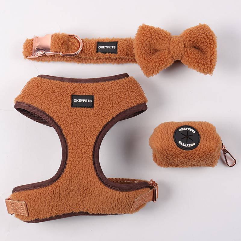 Custom Color Brown Pet Leash Lead Poop Bag Holder Dispenser Bow Tie Comfort Dog Harness Collar Sherpa Fabric