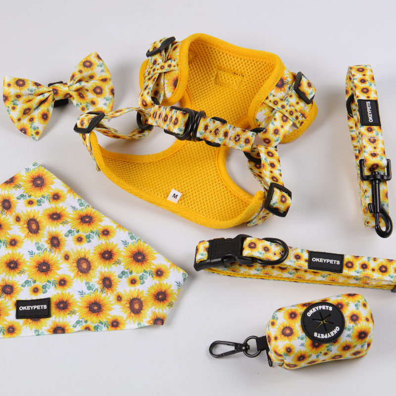 Custom Design Yellow Sunflower Harness Set Neoprene Adjustable Custom Luxury Step In Dog Harness Set For Puppy Cat