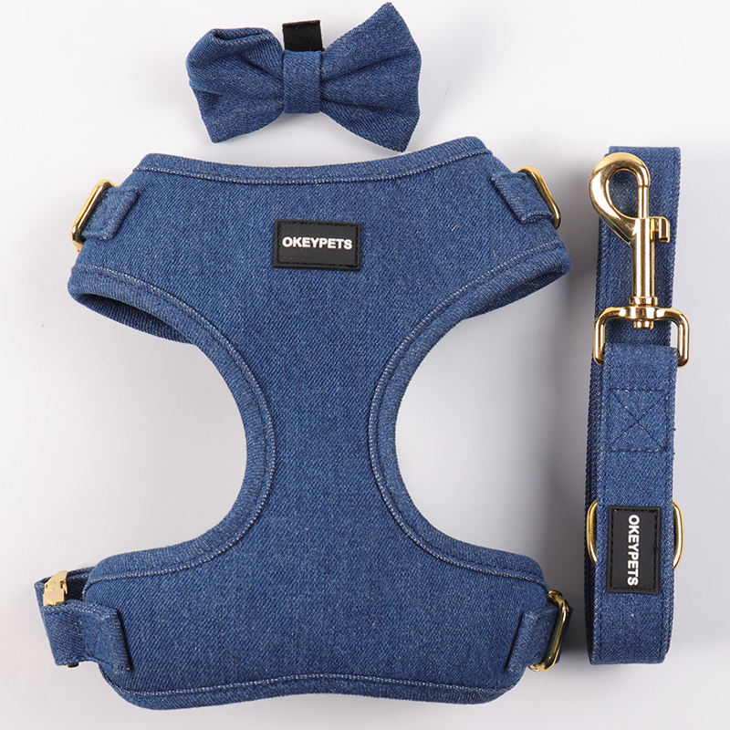 Custom Adjustable Luxury Dog Harness Supplier's Denim Dog Harness Set