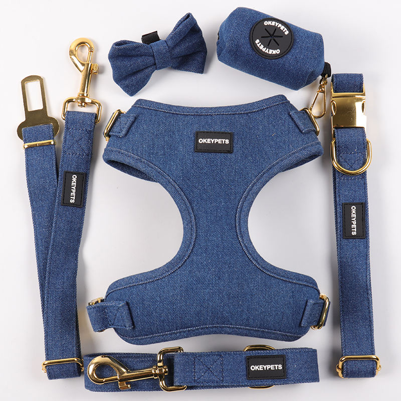 Custom Adjustable Luxury Dog Harness Supplier's Denim Dog Harness Set