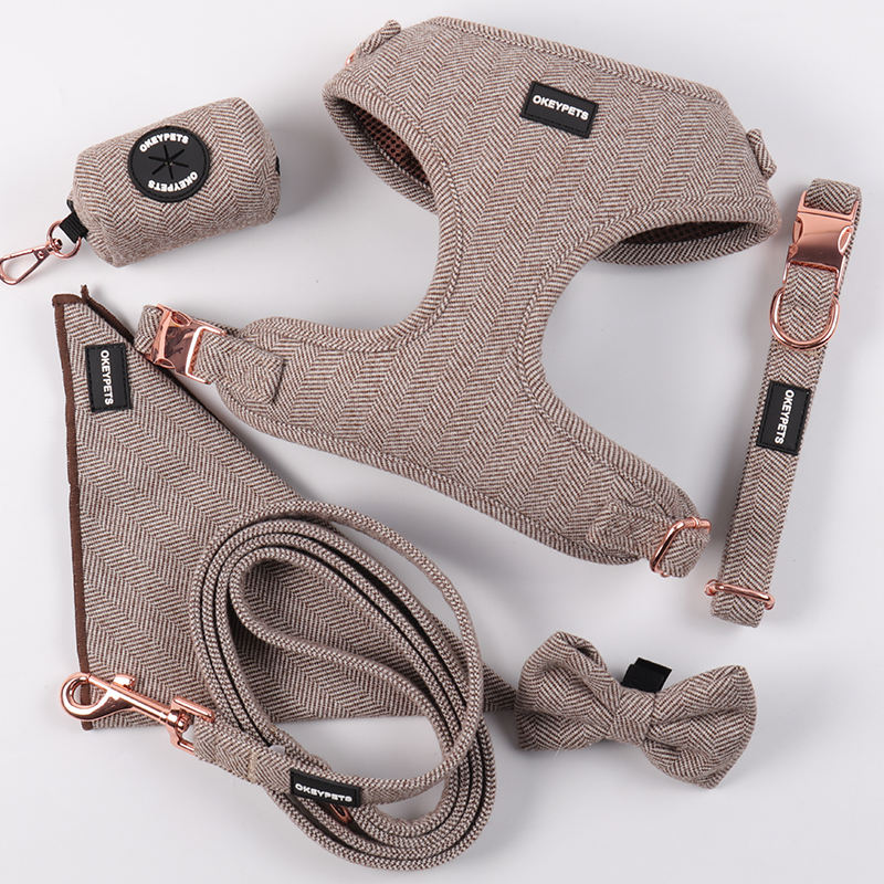 Solid Color Luxury Dog Harness Leash Bow Tie Poop Bag Holder Harness For Small Pet Dog