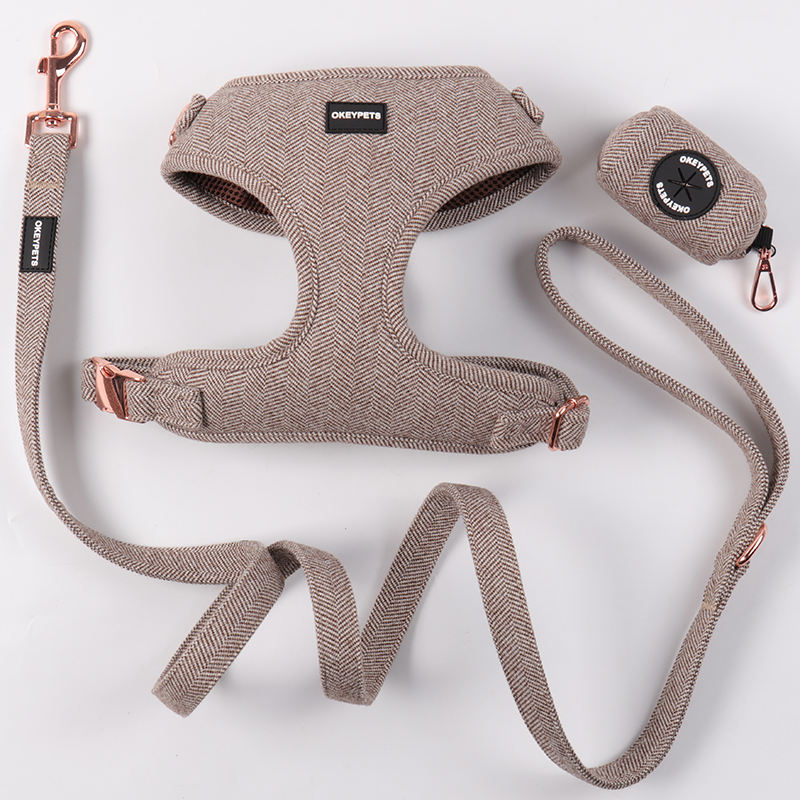 Luxury Tweed Brown Plain Outdoor Walking Pet Dog Harness Leash And Collar And Poop Bag Holder Set