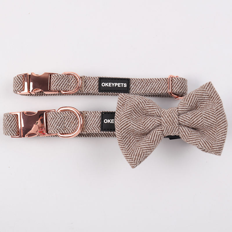 2023 Luxury Twill Herringbone Pvc Square Label Dog Harness Leash And Bow Tie Set