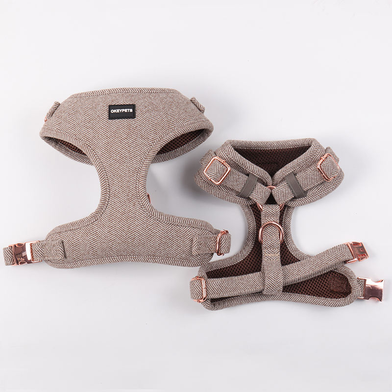 Brown Luxury Twill Herringbone Tweed Quick Release Neck Buckle Collar Lead Poop Bag Dispenser Holder Harness Vest