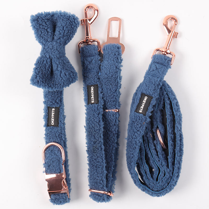 Custom Color Padded Mesh Pet Vest Warm Blue Sherpa Adjustable Dog Harness Collar Leash Set For Winter