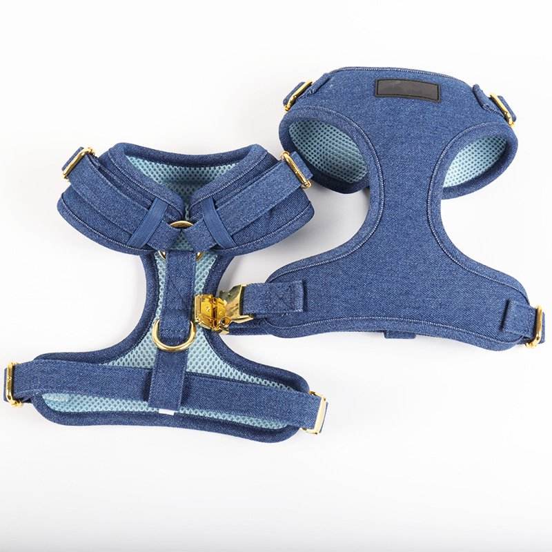 Low Moq Easy Release Custom Design Brand Pet Vest Woman And Hars Sex Denim Dog Pet Harness Set