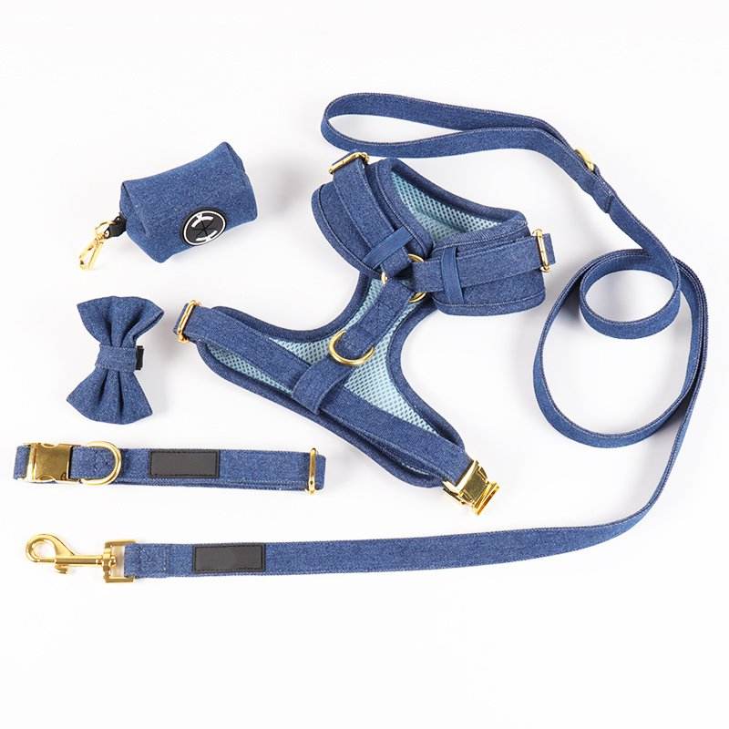 Low Moq Easy Release Custom Design Brand Pet Vest Woman And Hars Sex Denim Dog Pet Harness Set