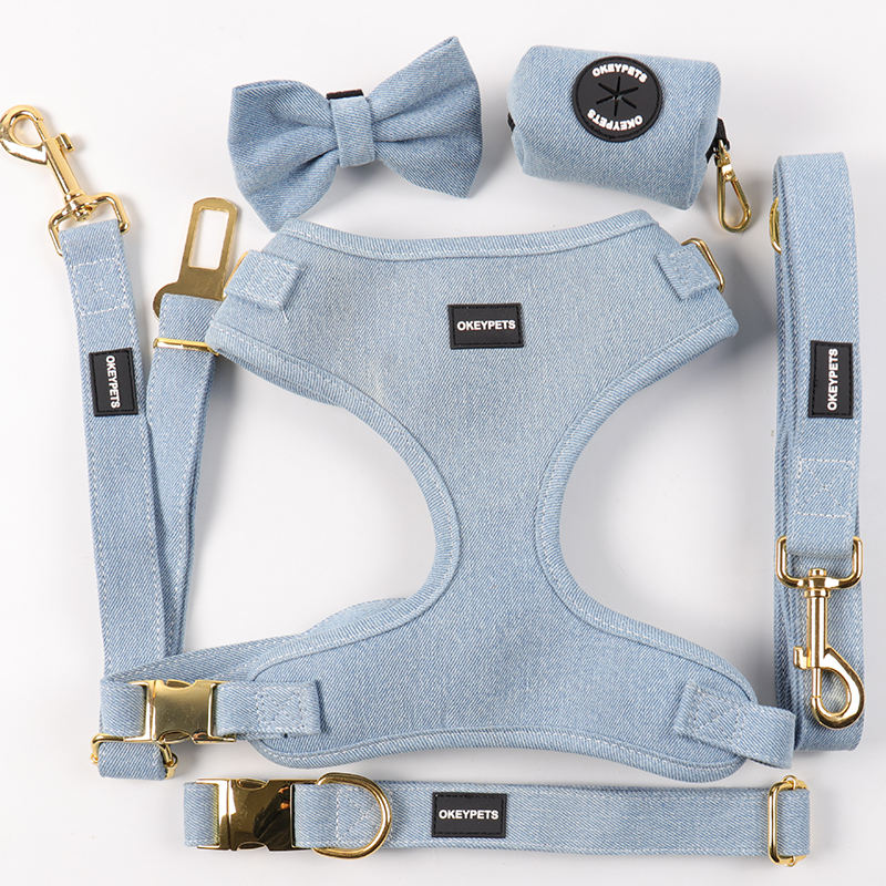 Low Moq Easy Release Custom Design Brand Pet Vest Woman And Hars Sex Denim Dog Pet Harness Set