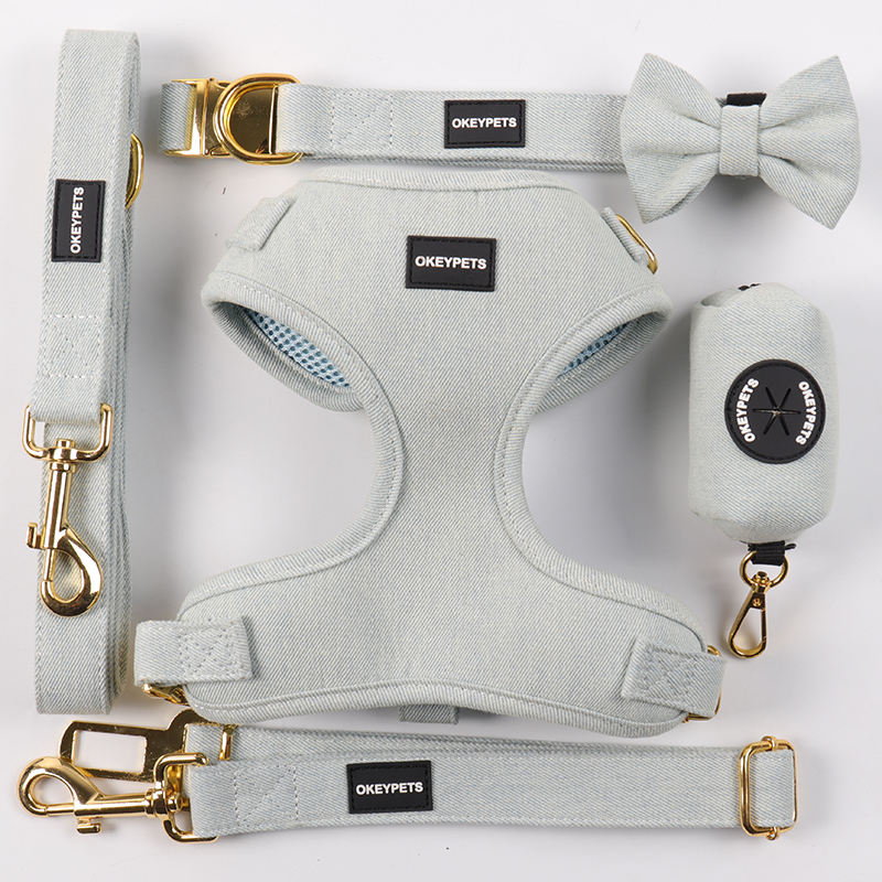 Low Moq Easy Release Custom Design Brand Pet Vest Woman And Hars Sex Denim Dog Pet Harness Set