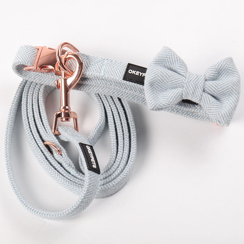 Twill Tweed Velvet Metal Accessories Custom Made Logo Dog Collars Leash Set With Bow Tie