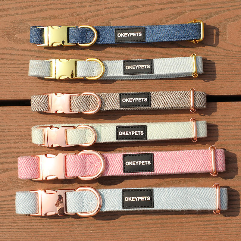 Custom Logo Pattern Multi Colour Denim Twill Tweed Unique Dog Pet Neck Collar With Pvc Label