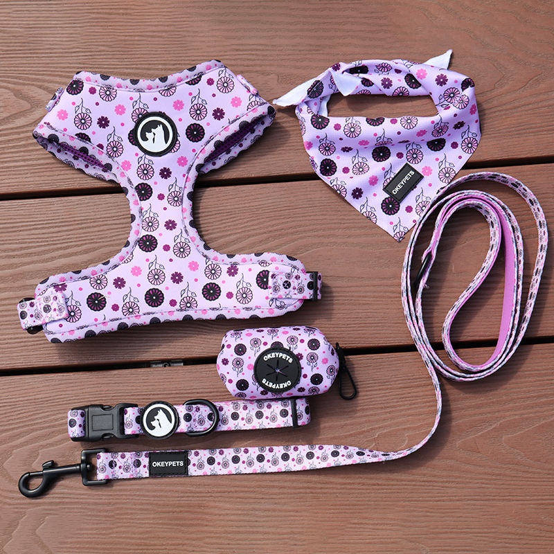 Custom Pattern Neoprene Mesh Padded Dog Har Set Small Medium Pet Dog Harness