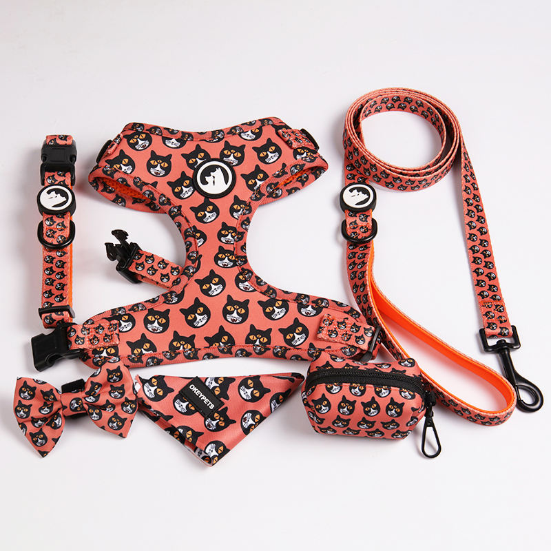 Oem/odm Personalized Print Designer Dog Bow Tie Bandana Poo Bag Custom Dog Harness Luxury Dog Collar Leash Set