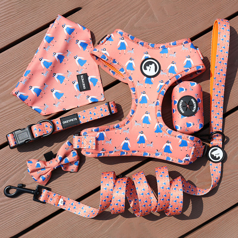 Design Luxury Fashion Breathable Adjustable Dog Accessories Printed Sublimation Dog Harness Set