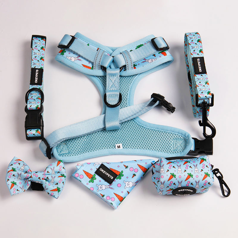 Dog Walking Bag And Harness Set Adjustable Luxury Sublimation Neoprene Blue Dog Harness Set With Plastic Buckle