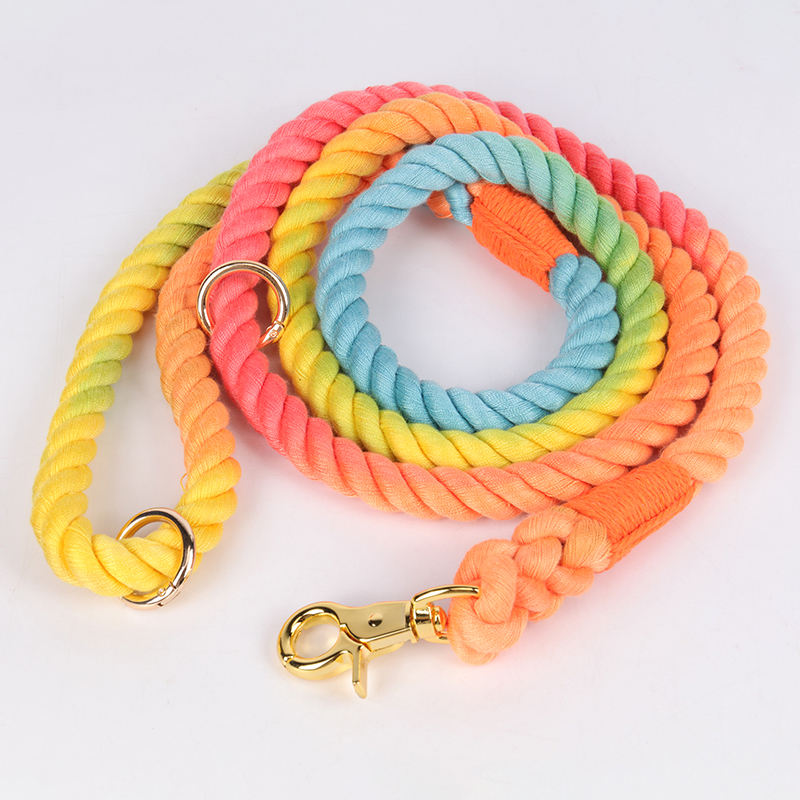 Oem Custom Wholesale Custom Handmade Braided Dog Collars And Leashes Pet Gradient Cotton Knotted Rope Dog Leash