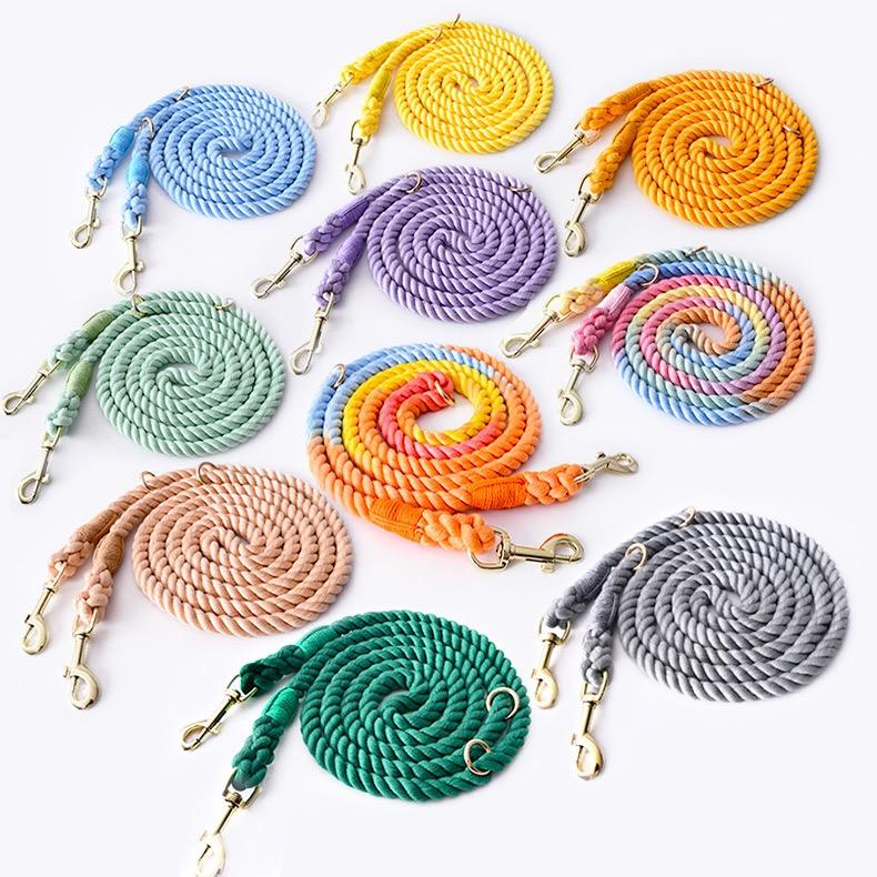 Oem Custom Wholesale Custom Handmade Braided Dog Collars And Leashes Pet Gradient Cotton Knotted Rope Dog Leash