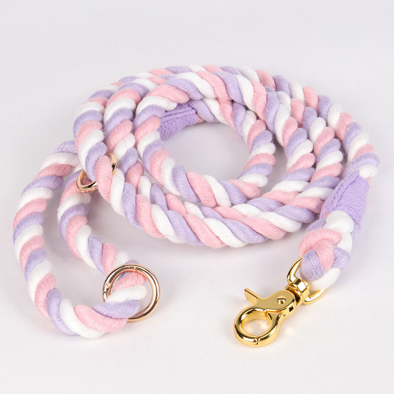 Oem Custom Durable Dual Purple Rope Dog Leash Braided Pet Dog Cotton Rope Leash And Collar