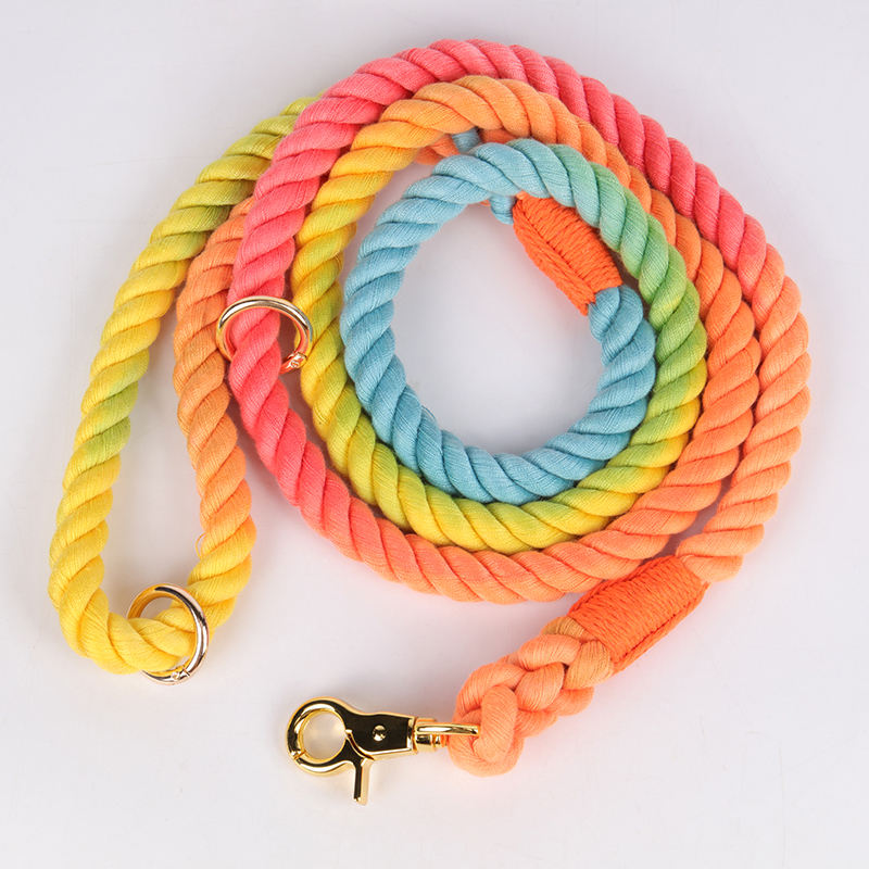 Oem Custom Rainbow Colorful Woven Rope Dog Leash Cotton Linen Pet Lead