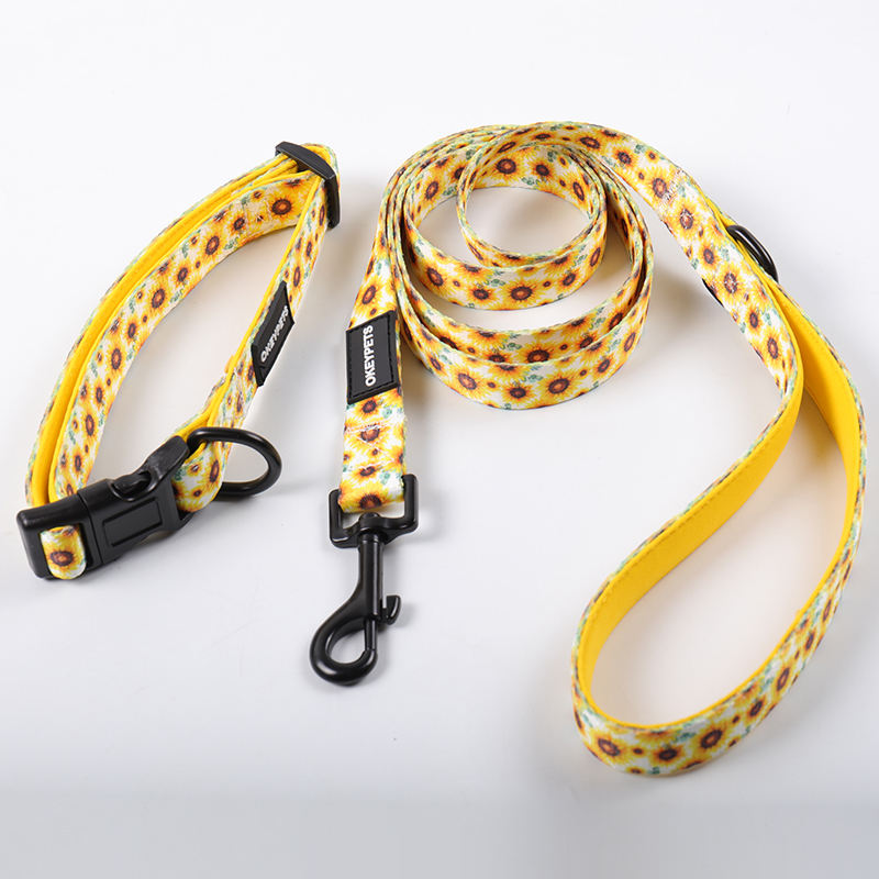 Private Label Pet Leash Custom Soft Sunflower Design Adjustable Sublimation Pattern Neoprene Dog Leash