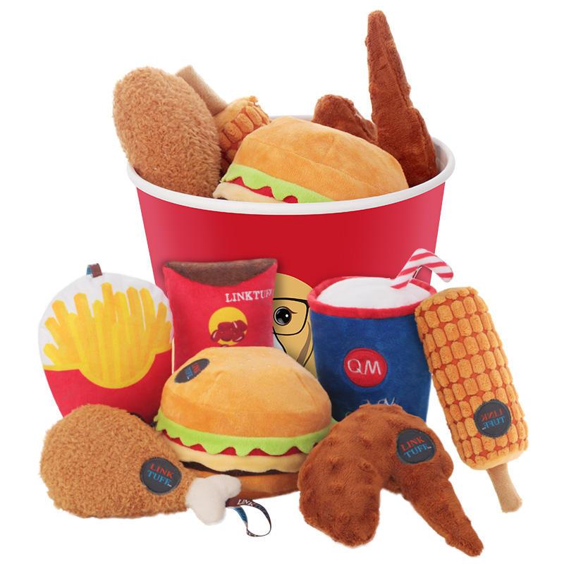 Bite Resistant Fried Chicken Burger Family Bucket Teddy Corgi Pet Plush Squeak Pet Dog Chew Toy Set