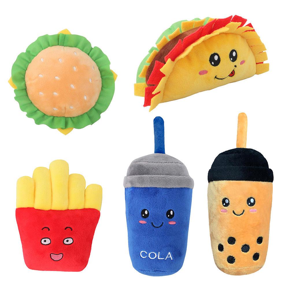 Wholesale French Fries Burger Cola Milk Tea Fast Food Plush Sound Squeaky Pet Dog Toys