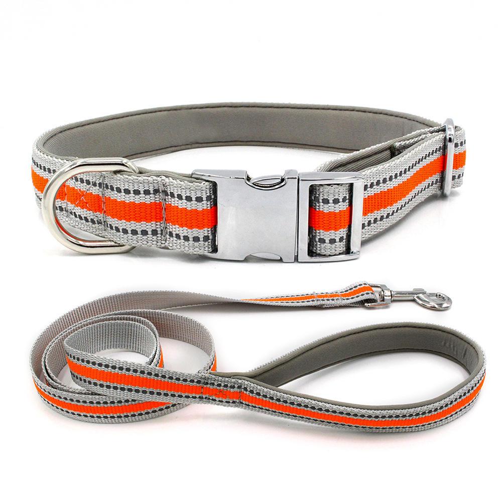 Fashion Design Custom Logo Reflective Nylon Dog Collar And Leash With Metal Buckle