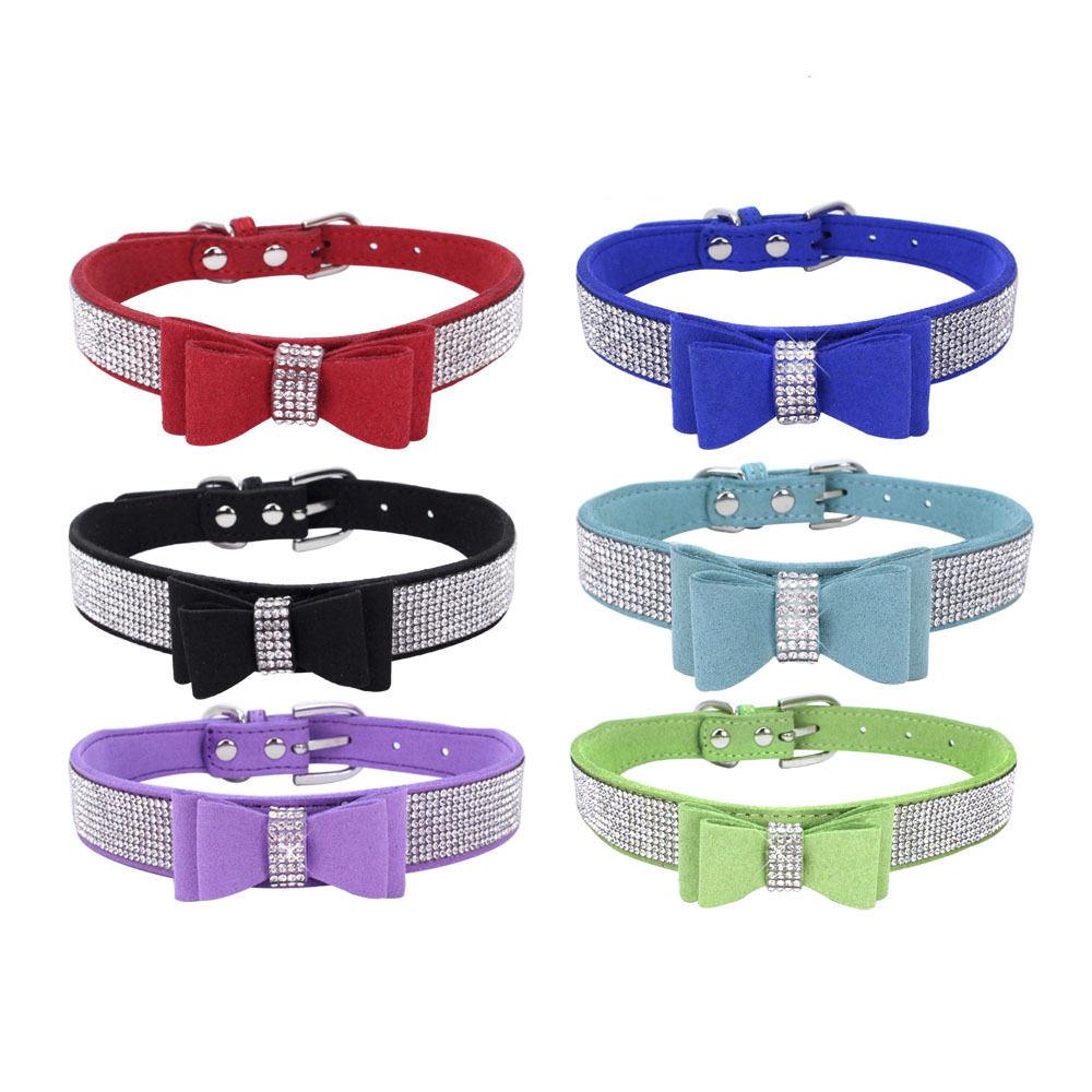 Suede Rhinestone Dog Collar Sparkly Crystal Bowknot Diamonds Dogs Cat Collars