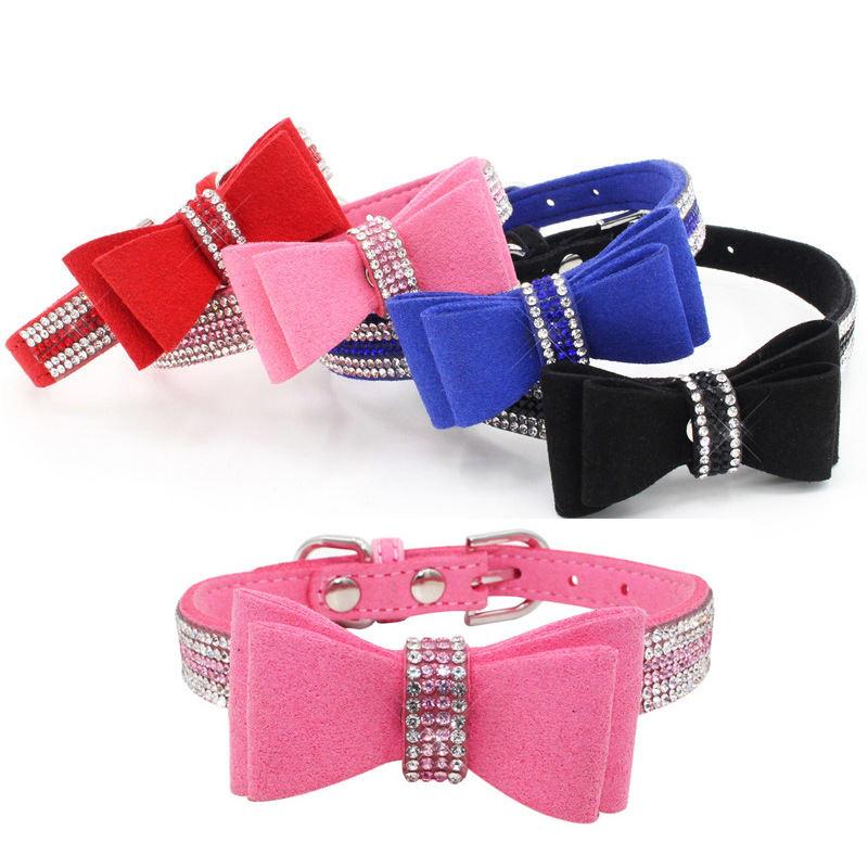 Suede Rhinestone Dog Collar Sparkly Crystal Bowknot Diamonds Dogs Cat Collars