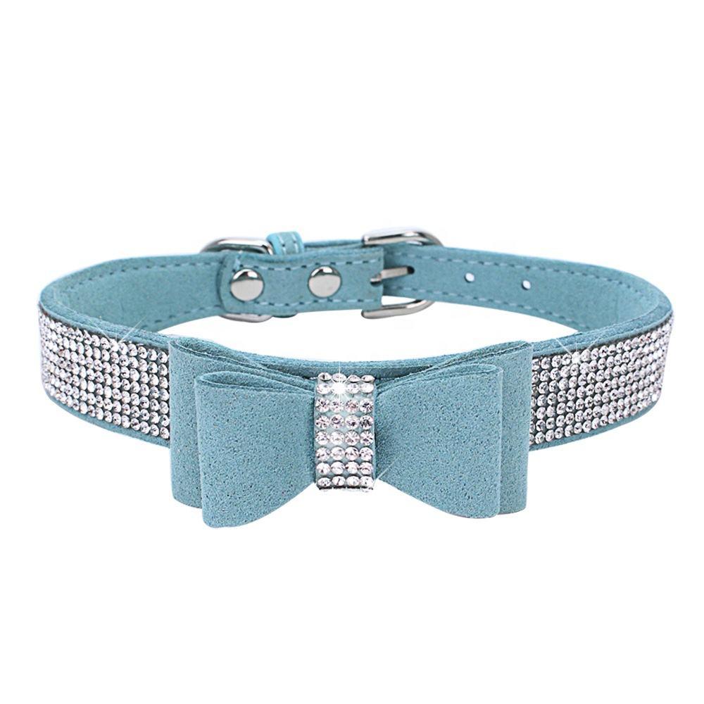 Suede Rhinestone Dog Collar Sparkly Crystal Bowknot Diamonds Dogs Cat Collars