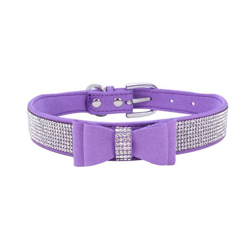 Suede Rhinestone Dog Collar Sparkly Crystal Bowknot Diamonds Dogs Cat Collars