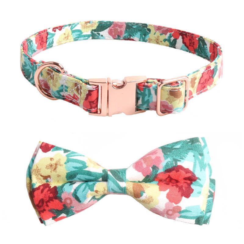 Pet Cat Collar Dog Floral Collar Pet Bow Tie Full Metal Gold Buckle Bow Tie Collar