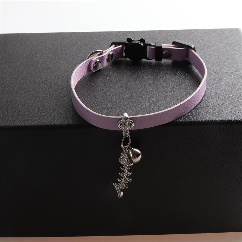 Pet Collar Pu Macaron Cat Collar With Diamond Fish Bone Pendant Cat Collar