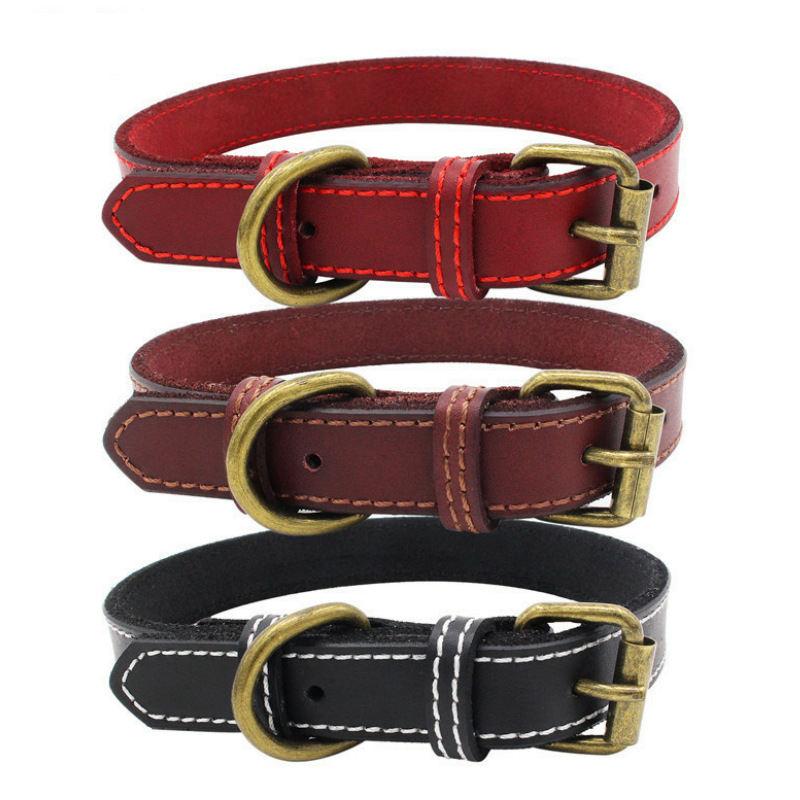 Rurable Soft Padded Genuine Leather Vintage Luxury Cowhide Solid Pet Dog Collar With Metal Buckle