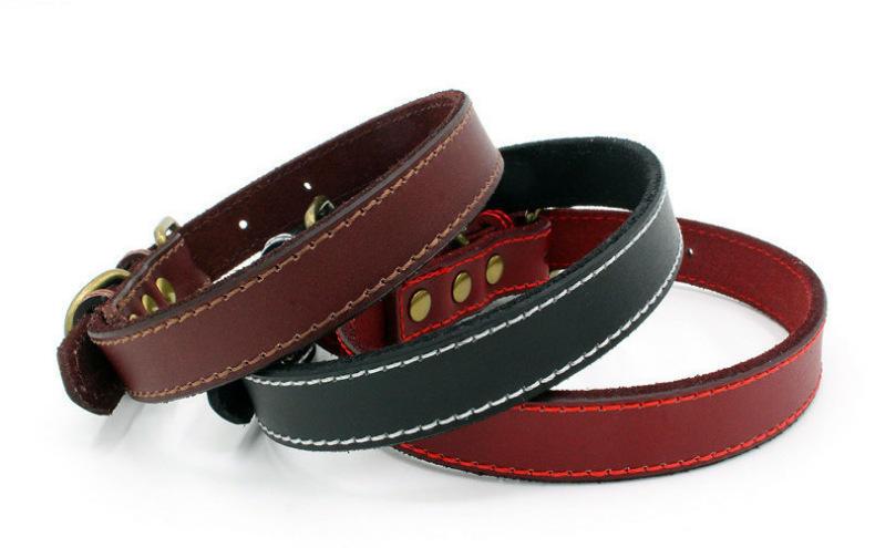 Rurable Soft Padded Genuine Leather Vintage Luxury Cowhide Solid Pet Dog Collar With Metal Buckle