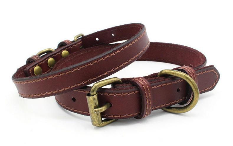 Rurable Soft Padded Genuine Leather Vintage Luxury Cowhide Solid Pet Dog Collar With Metal Buckle