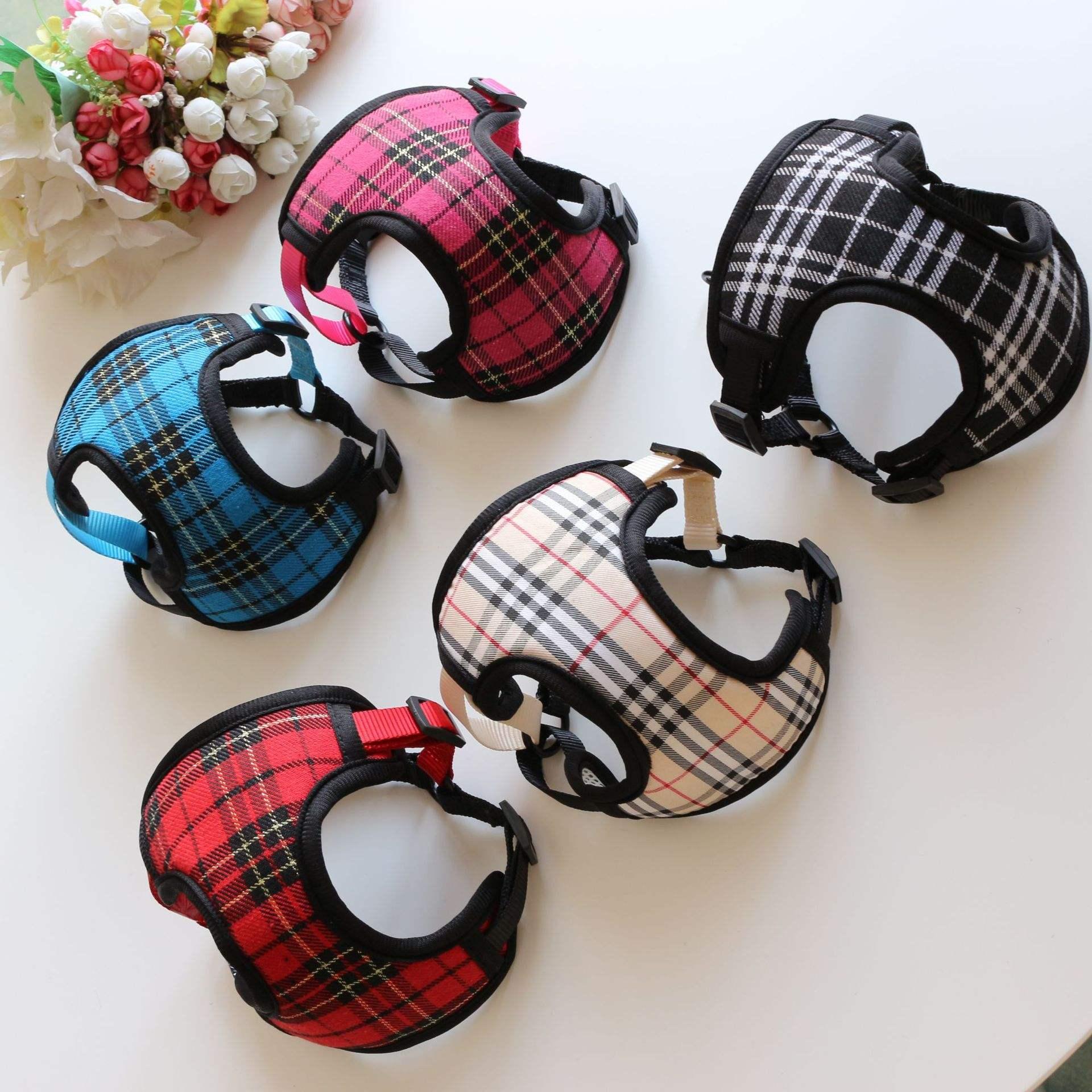 Colorful Grid Pattern Soft Material Soft Handle Pet Harness With Matching Leash For Small Pets